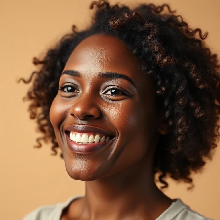 Smiling Black woman with healthy natural curls after her scalp renewal program